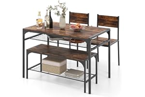 COSTWAY 4 Pieces Dining Table Set, Kitchen Table and 2 Chairs for 4 with Bench, Storage Racks, Metal Frame & Space-Saving Des