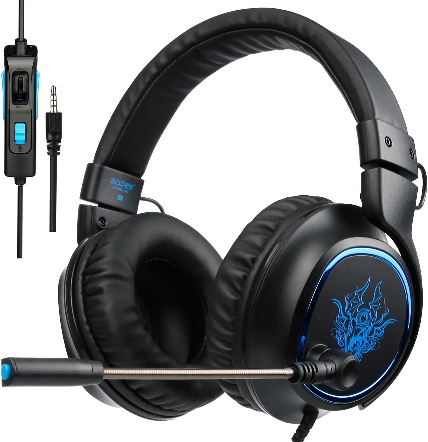 SADES R5 Over-Ear Stereo Noise-Reduction Base Gaming Headset Headband Headphones with HiFi Microphone Control-Remote for PC Computers/PS4/New Xbox One/Mac/Tablets/Mobiles(Black)