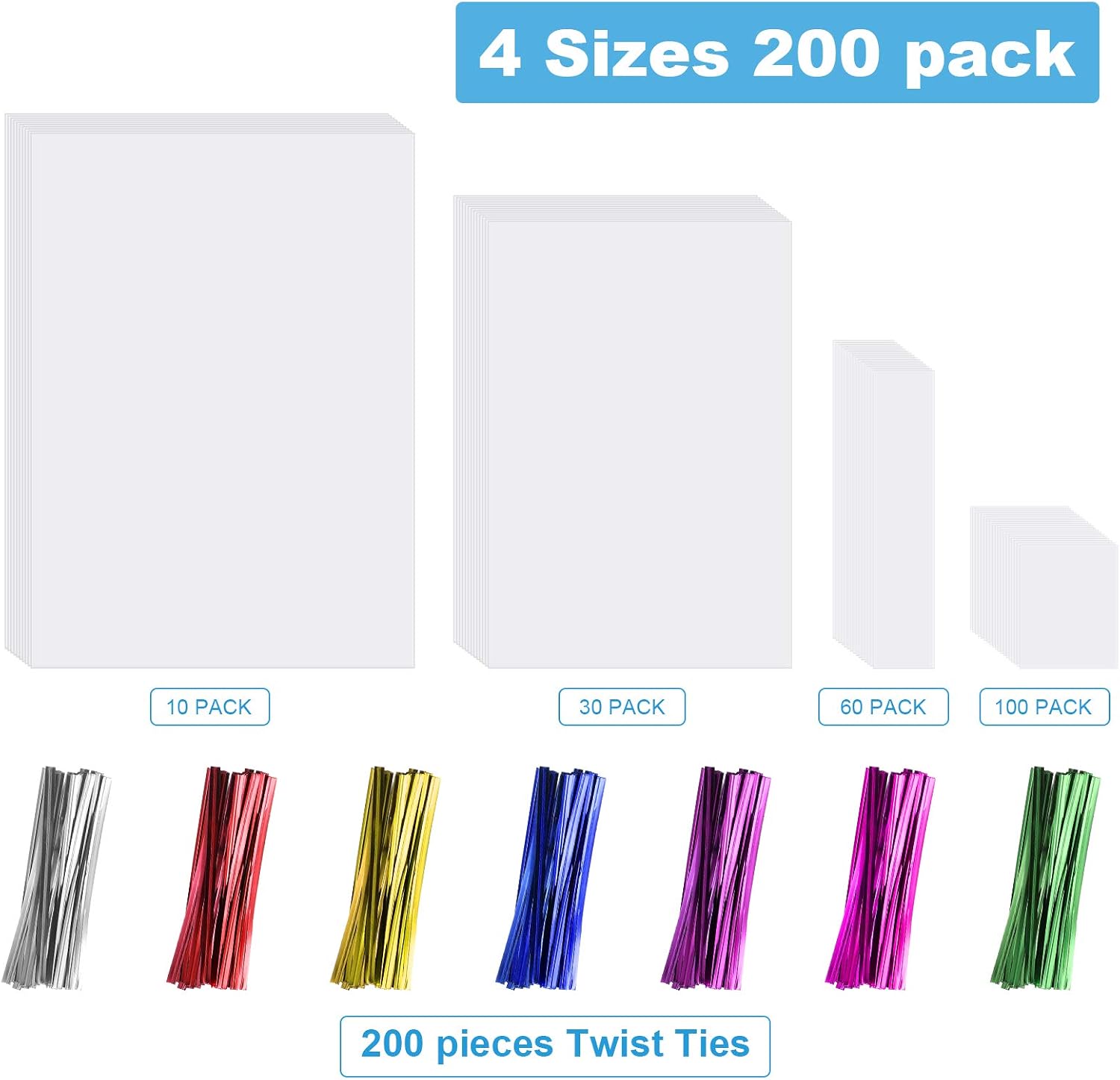 4 Sizes 200 Pieces Clear Cello Wrap Bags Cellophane Treat Bags with Mix Colors Twist Ties - Image 3