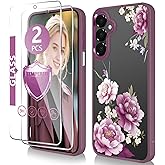Govmeie for Samsung Galaxy A16 5G Case(6.7 inch) with Tempered Glass Screen Protecto-Slim TPU & Hard PC Crystal Clear Cover, Elegant Cute Floral Pattern Design for Girls Women -Peony/Purple