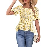 Womens Puff Short Sleeve Babydoll Tops Floral Summer Peplum Blouse Smocked Square Neck Loose Fit Ruffle Dressy Tee Shirts