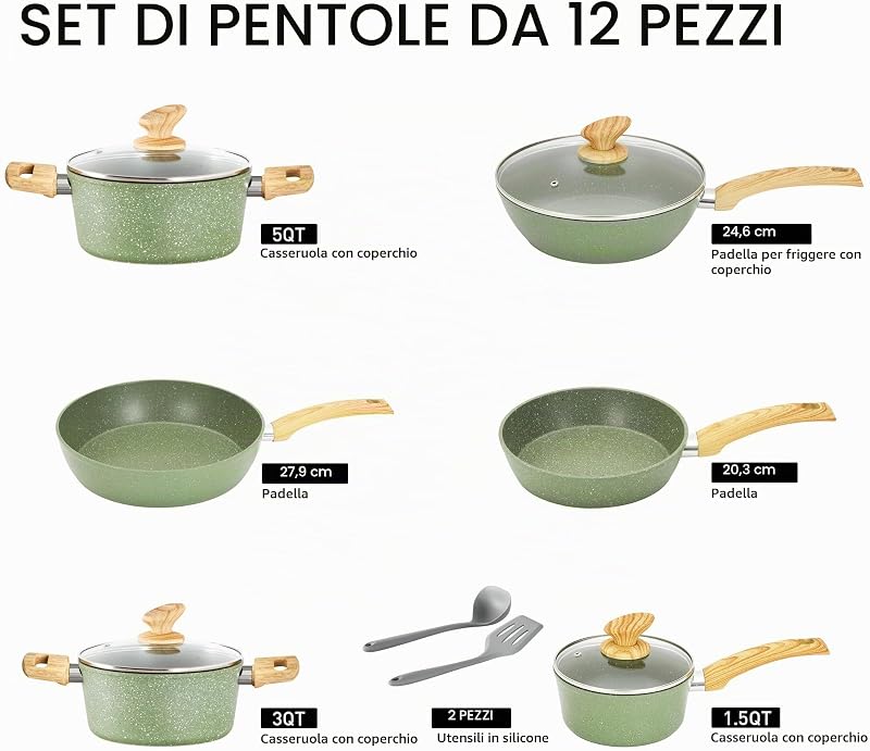 Set di Pentole e Padelle con Coperchio, 12 pezzi,Verde