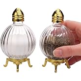 Decorative Glass Salt and Pepper Shakers Set, Elegant Gold Metal Stand, Fancy Glass Shakers for Dining Table, Vintage Inspired Footed Design, Set of 2 (Gold)