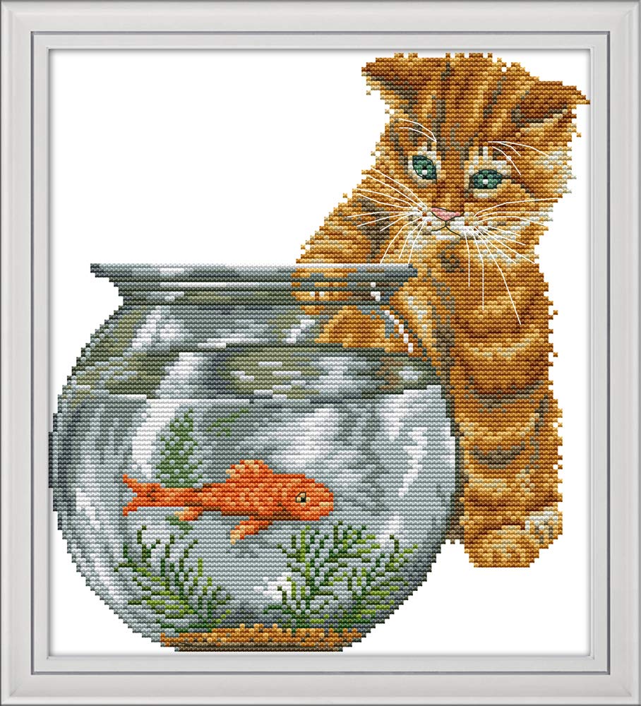 Cross Stitch Kits, Cat and Fish Animals,Fish Tank Awesocrafts Easy Patterns Cross Stitching Embroidery Kit Supplies Christmas Gifts, Counted (Cat, Counted)