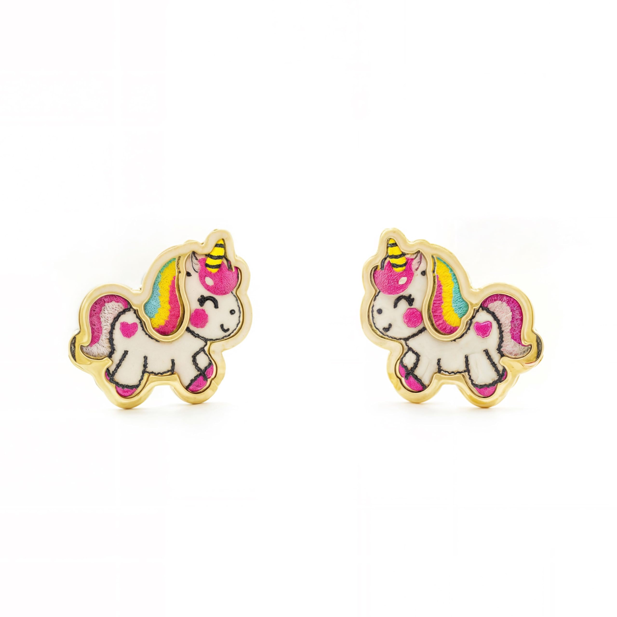 Mondepetit - 9ct Yellow Gold Multicolored enamel Unicorn Children's Girls Earrings shine