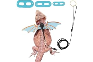 HIMYBB Bearded Dragon Leash and Harness Set 3 Size Pack Adjustable Cool Leather Lizard Leash with Dinosaur Wings for Reptile Safety Walking Accessories,Blue