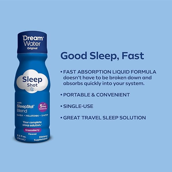 DREAM WATER SLEEP AID SUPPLEMENT DRINK; MELATONIN 5MG, GABA, 5-HTP; ZERO SUGAR, NATURAL FLAVORS, NO ADDED COLORS, 2.5 OZ LIQUID SLEEP SHOTS, SNOOZEBERRY, 12-COUNT