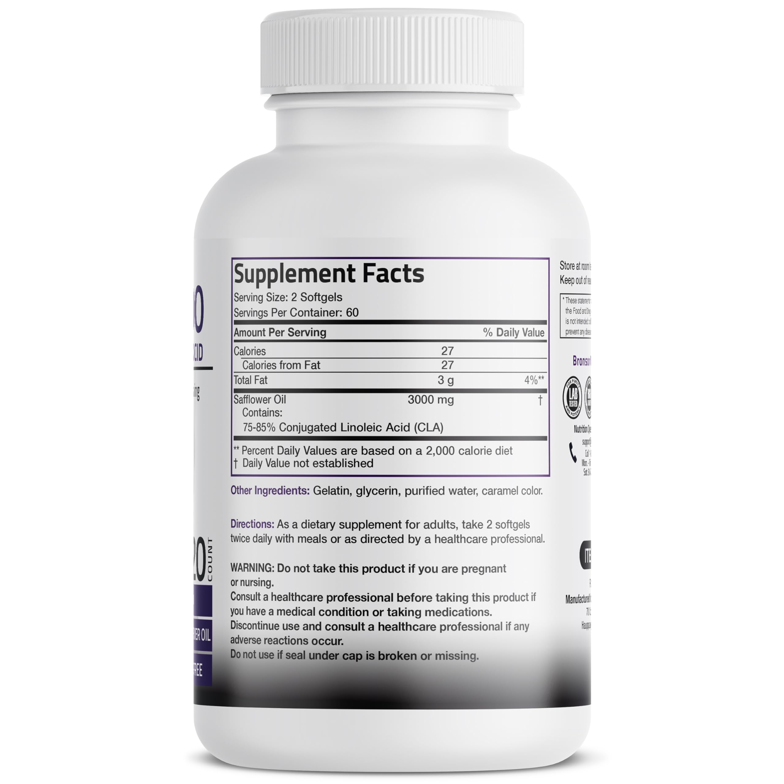 Bronson CLA 3000 Extra High Potency Supports Healthy Weight Management Lean Muscle Mass Non-Stimulating Conjugated Linoleic Acid 120 Softgels