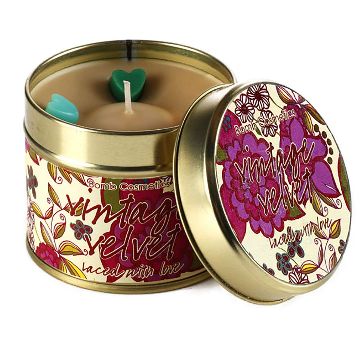 Bomb Cosmetics Vintage Velvet Scented Tin Candle; Floral & Musk Fragrance; Contains Pure Geranium & Rose Essential Oils; Vegan Friendly; 30-35 Hour Burn