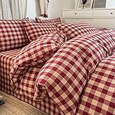 PinkMemory Red Gingham Duvet Cover Set Queen 100% Washed Cotton Beige Plaid Checkered Duvet Cover Full 3pcs Modern Grid Gingham Bedding Set with Zipper Closure Ultra Soft Breathable