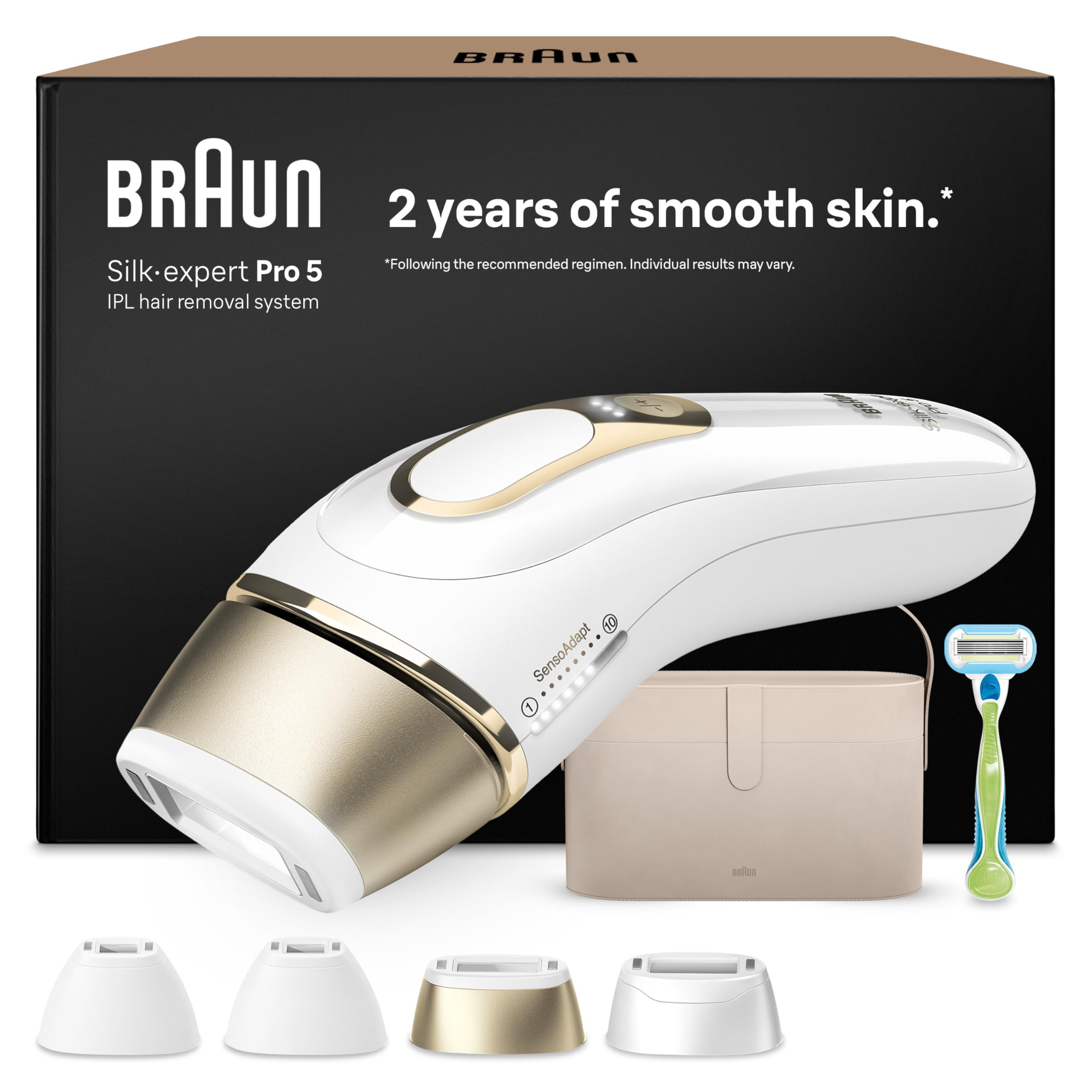 Braun IPL Silk·expert Pro 5 – IPL Geräte Haarentfernung, dauerhaft und schmerzfrei Haarentfernung für Zuhause – Etui mit Gillette Venus Rasierer, 4 Aufsätze, Designed In Germany – PL5342, Weiß/Gold