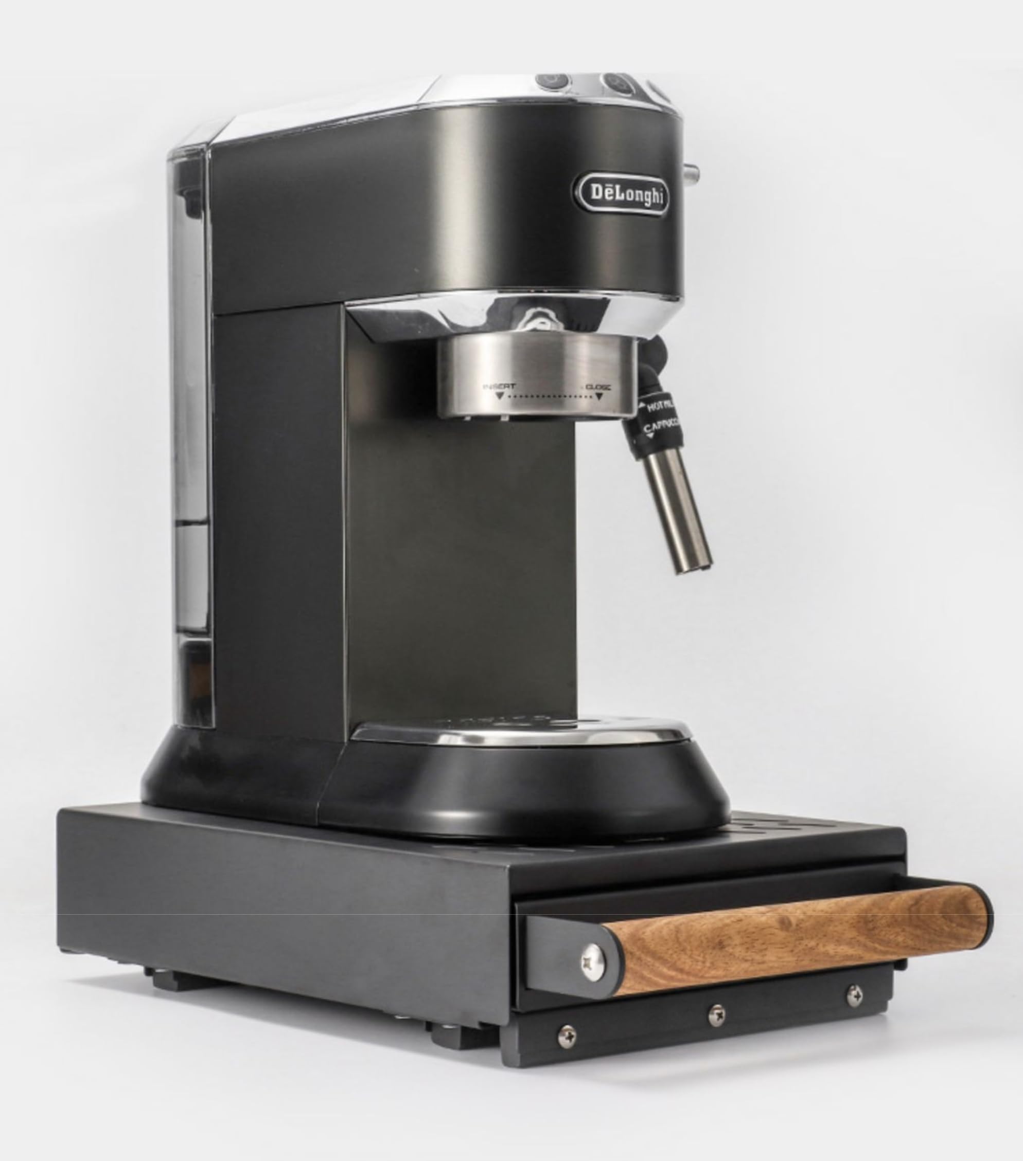 Sudschublade 31,5 x 21 x 7 cm, Abklopfbehälter 304 Edelstahl in Cool Black, Abschlagkasten mit Echtholz-Griff aus Walnuss, Geräuscharme Kaffeesatz Schublade für Siebträger & Barista Zubehör 9