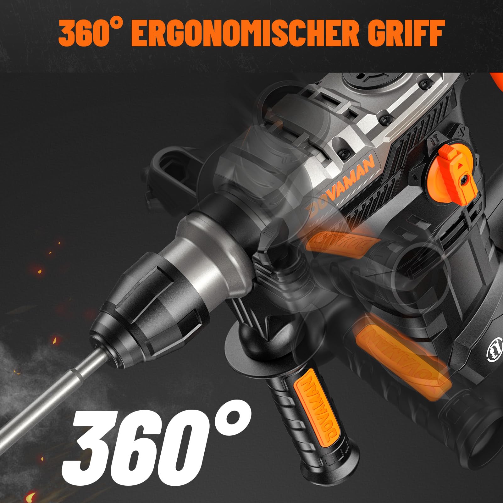 DOVAMAN RH15A Bohrhammer 1500W SDS-Plus, 7 Joule, 4 Funktionen, 900 U/min, 4350 bpm, Anti-Vibration, Sicherheitskupplung, inkl. Bohrer- & Meißelset, für Beton & Mauerwerk, mit Koffer 6