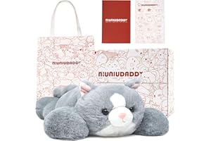Niuniu Daddy Weighted Stuffed Animals for Anxiety, 3.3lbs Weighted Cat Plushies Toy for Adults Kids, 20‘ Large Grey Stuffed Cat Plush Pillow as Gift for Valentine Birthday Include Bag, Stickers, Card