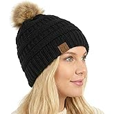 C.C Trendy Fuzzy Fleece Lined Warm Comfortable Soft Stretch Cable Knit Ribbed Faux Fur Pom Pom Beanie Hat