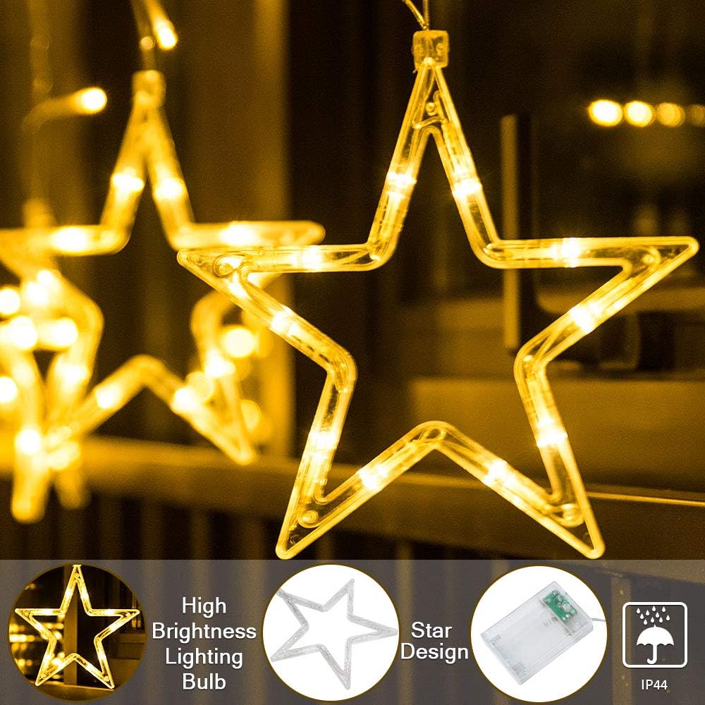 BLOOMWIN Christmas Window Lights 2m x 1m 138 LEDs 12 Stars Curtain Fairy Light Xmas Decoration for Indoor Party Bedroom(Warm White/Battery Operated) - Image 5