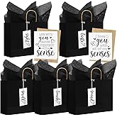 Kolldenn 5 Sense Gift Bags with Labels Kraft Paper Bags for Him or Her 12.6 x 4.3 x 9.8'' Sight Smell Touch Taste Sound Five Sense Gift Bag Tissue Paper for Birthday Wedding Anniversary(Black)