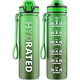 QLUR Water Bottle with Straw, 32oz Motivational Water Bottles with Time Marker to Drink, Tritan BPA Free, 1L Sports Water Bottle with Carry Strap LeakProof for Women Gym Fitness Outdoor (1 Pack)