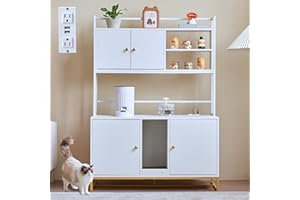 JanflyHome Cat Litter Box Enclosure with Power Outlet, Upgraded 60'' Large Double Hidden Cat Litter Box Furniture with Shelf, Indoor Cat House Furniture with Cat Scratching Pad for 2 Cats, White…