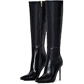 Elisabet Tang Women's Knee High Booties,4 inch Stiletto Heel Pointed Toe Wide Calf Boots Faux Leather Comfortable Combat Booties Shoes Suede Size 10
