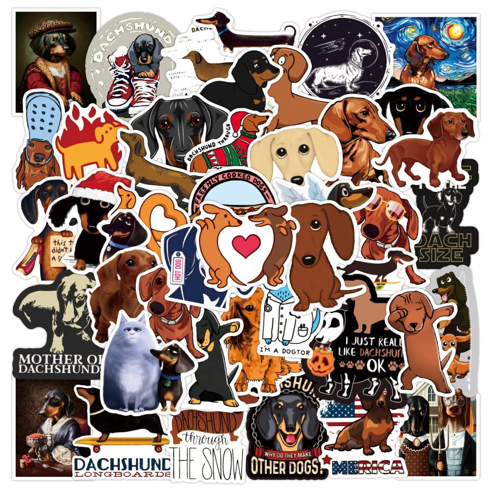 50Pcs Dachshund Stickers, Cartoon Dog Stickers Pack, Kawaii Sausage Pet Dog Vinyl Waterproof Graffiti Decals for Laptop Scrapbook Journal Laggage
