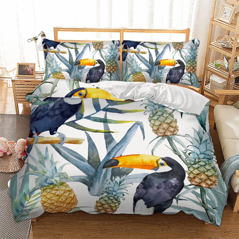 Lunoroey Tropical Duvet Cover Double Bed Toucan Bird Pineapple Print Bedding Set with Pilowcase Soft Easy Care Quilt Cover Set With Zipper Closure