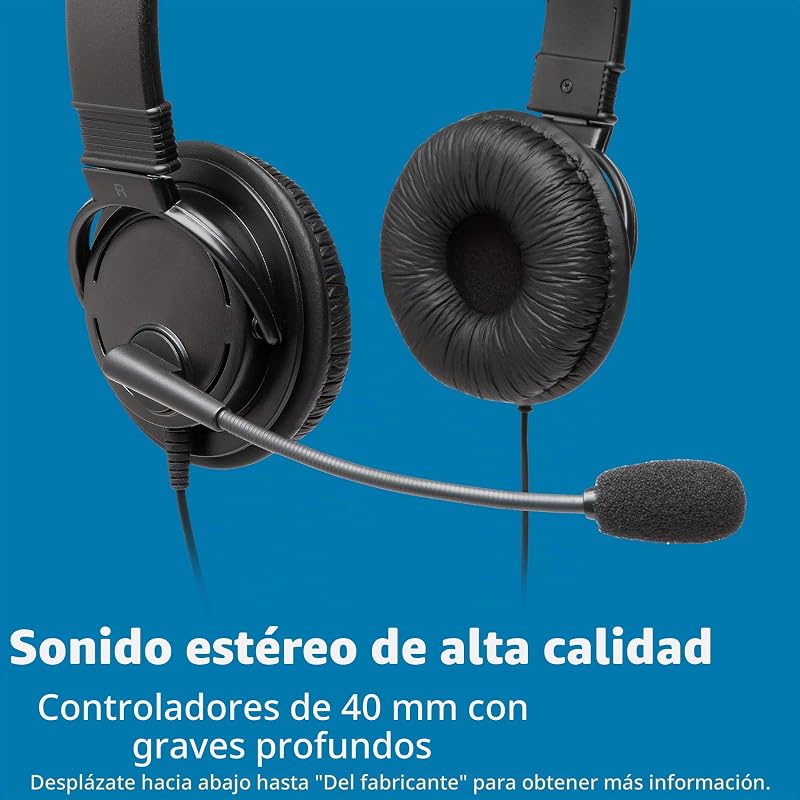 K97601WW - Auriculares USB-A Con Micrófono, Sonido Estéreo Hi-Fi, Controladores 40 Mm, Supresión De Ruido, Diadema Ajustable Acolchada, Cable 1,8 M, Compatibles Con Windows Mac Chromebook