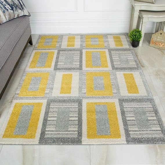 Retro Grey Mustard Yellow Geometric Living Room Area Rug Amazon.co.uk