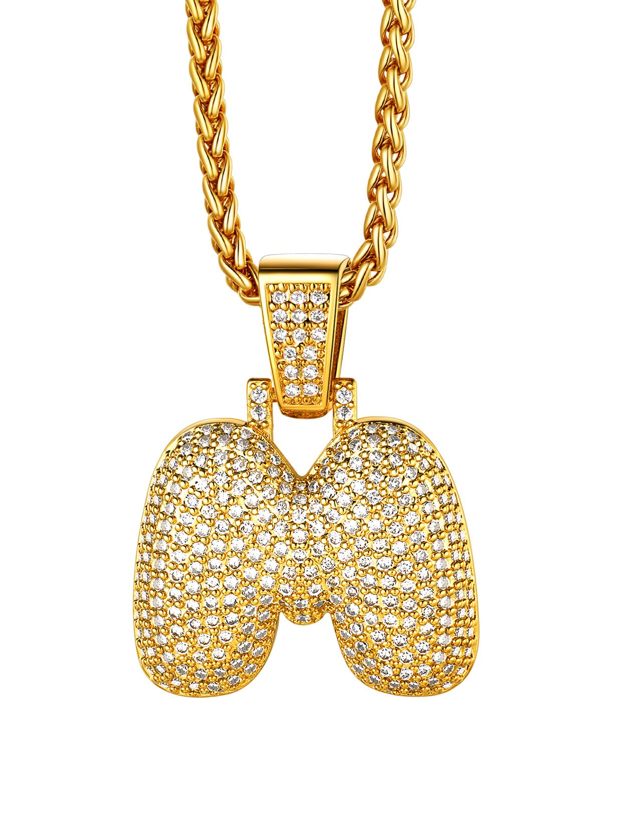 Richsteel Bling Letter m Gold Necklace Cubic Zirconia Bubble Initial Mens Hip Hop Jewellery — image 1
