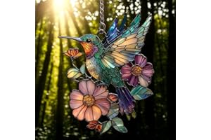GIKZO Hummingbird Pink Blossom Acrylic Suncatcher Stained Glass Effect Window Car Hanging Christmas Ornament Indoor Outdoor Decor Garden Sun Catcher Panel for Bird Lover for Women Mom Grandma