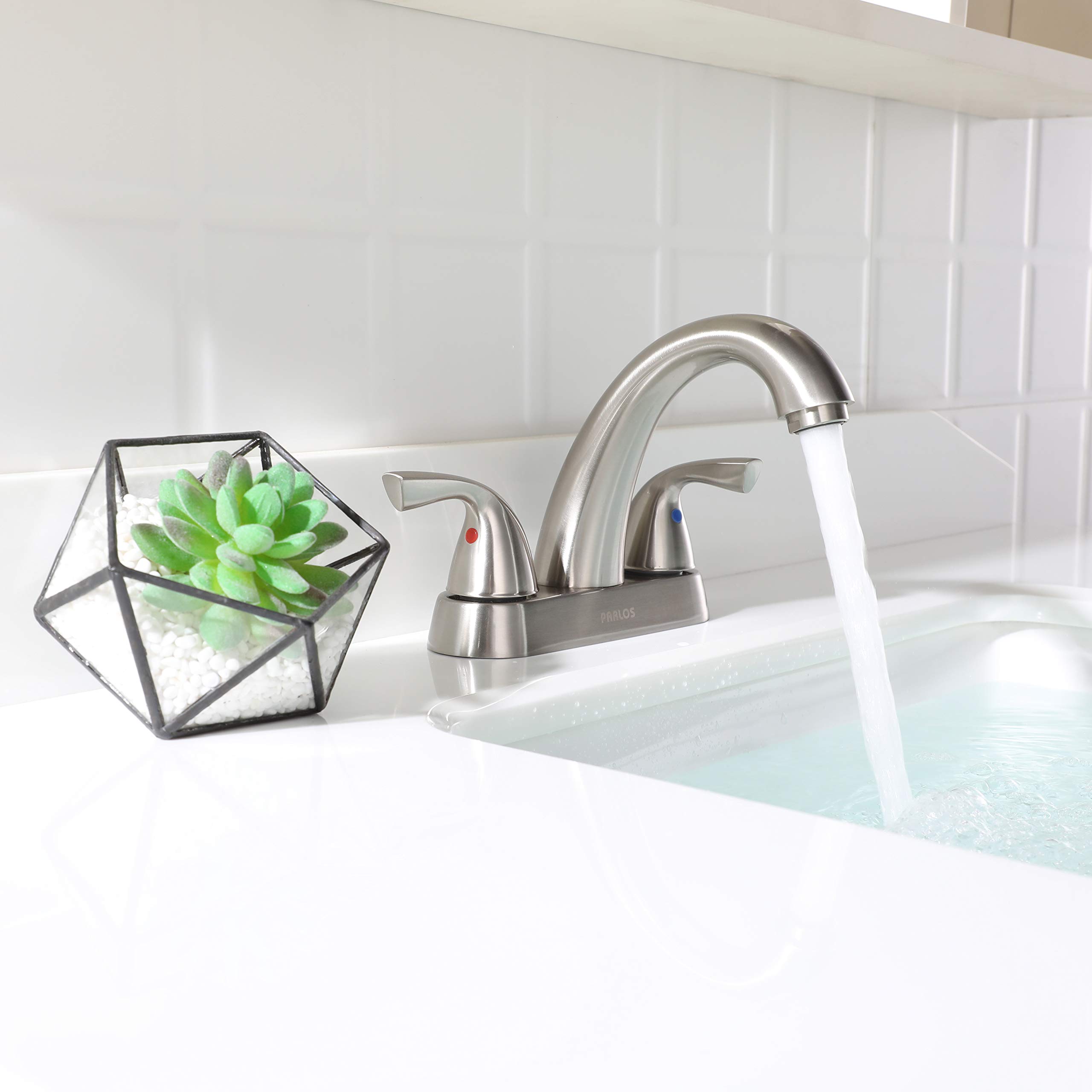 PARLOS 2-Handle Bathroom Sink Faucet with Drain Assembly and Supply Hose Lead-Free cUPC Lavatory Faucet Mixer Double Handle Tap Deck Mounted Brushed Nickel,13598