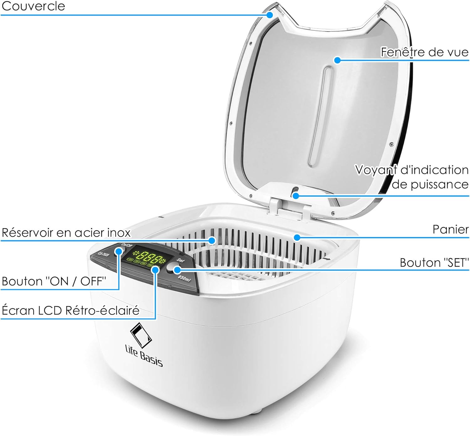 Ultrasonic Cleaner,LifeBasis 850ML Jewellery Cleaner with Basket Watch Stand CD Holder for Jewelry Glasses Watch CD Denture Coin Medal Parts Lab Tools Tattoo Tool Guin-ness Surger Can - Image 5