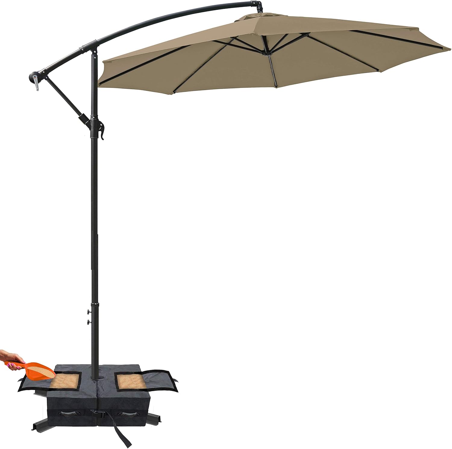 Metal Crank Cantilever Offset Patio Umbrella 10 Feet Hanging Garden Parasol Sunshade Bistro Market Banana Umbrella With Accessories Cross Base 8 Strong Steel Ribs Air Vent For Sun