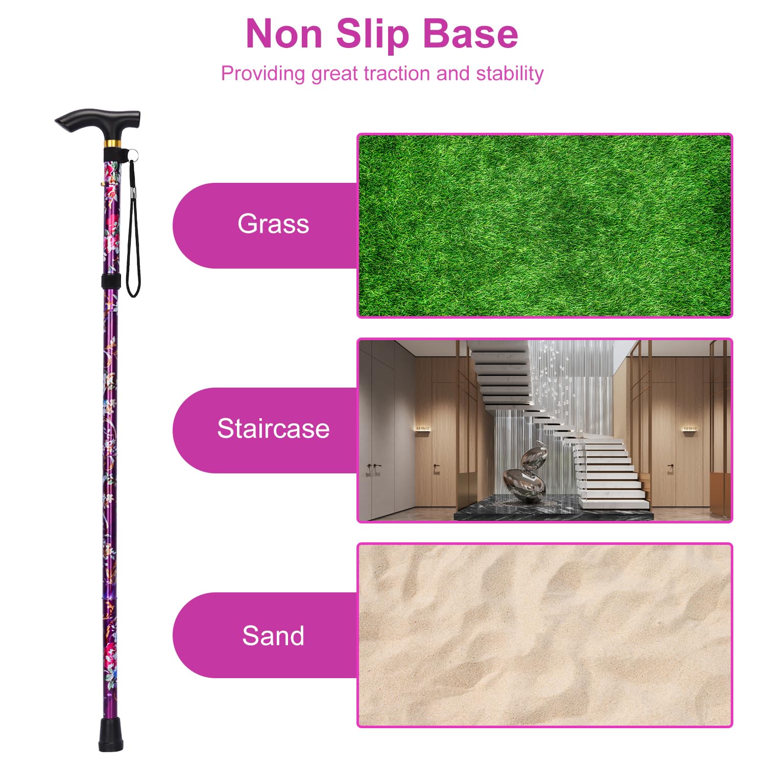 MFE Folding Cane, Portable 5-Level Adjustable Height Walking Stick with Foldable Design, Wrist Strap, and T Handle for Men and Women