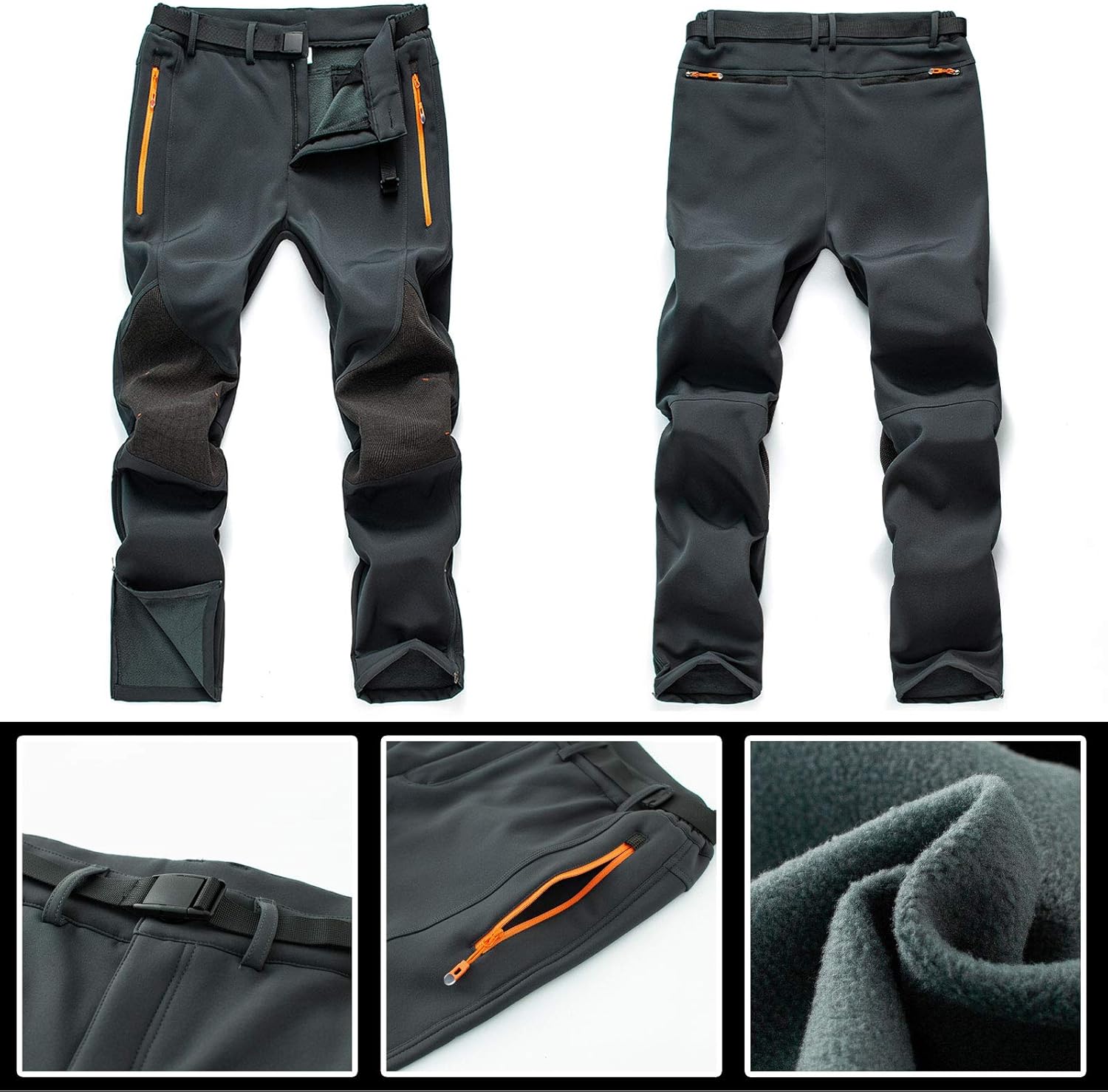 CAMOFOXIN Men's Fleece Ski Pants with Belt, Waterproof Snow Hiking Pants for Snowboarding (Black, Grey): Clothing