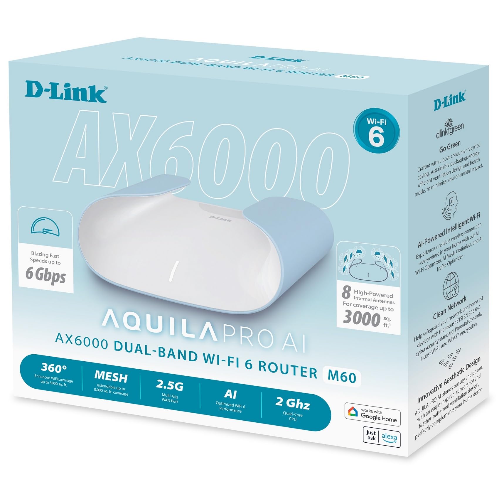 D-Link M60 AX6000 WiFi 6 Mesh Router—Sculpted Décor Ready Design—2.5 Gbps WAN + 4× Gbps LAN—Gaming/Streaming/Internet—Long Range Wireless Self Optimized 360° Coverage—Expandable Mesh—App Control