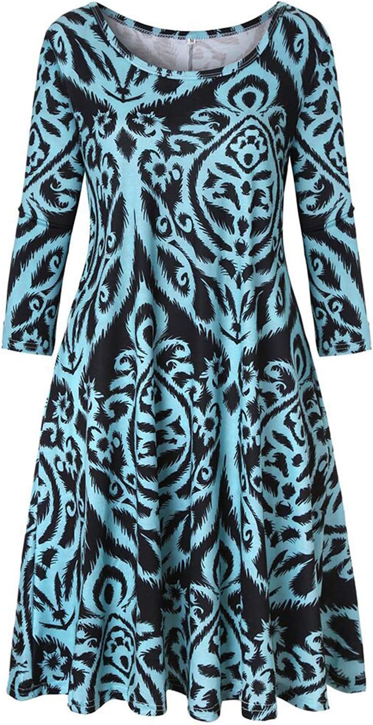 Womens Casual 3/4 Sleeve Knee Length Crew Neck Tunic Dress with Pockets