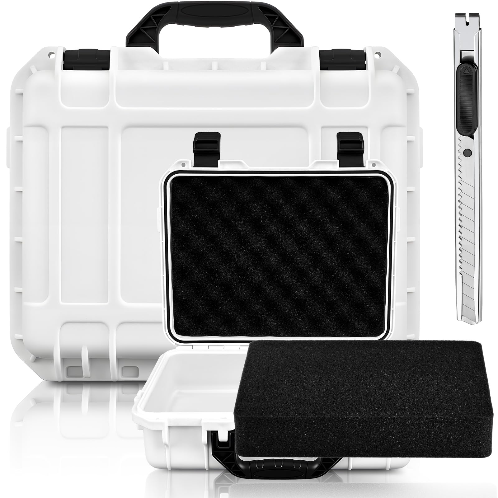 Photo 1 of Relaxweex 14.3 x 11.4 x 4.5 Inch Waterproof Hard Case with DIY Customizable Foam Insert Portable Protective Case with Knife for Camera Drones Equipments Tools Test Instruments (White)