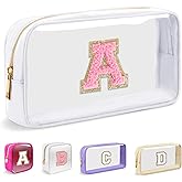 Small Clear Personalized Initial Makeup Bag,Nylon Preppy A-Z Chenille Letter Patch Cosmetic Pouch Beach Toiletry Bag,Waterproof Zipper Travel Purse Storage Bag Organizer for Women Girls(White-Pink A)