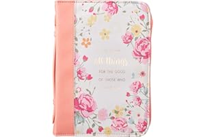 Christian Art Gifts Women's Fashion Bible Cover He Works All Things for Good Romans 8:28, Peach Floral Faux Leather, Large