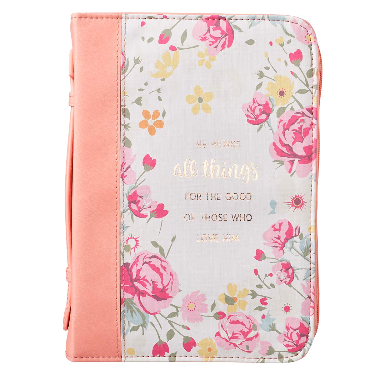 Christian Art Gifts Floral Peach Faux Leather Bible Cover for Women | He Works All Things – Romans 8:28 | Zippered Case for Bible or Book w/Handle, XL