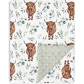 Tewrnvioc Highland Cow Baby Blankets for Girl Boy 30" x 40", Green Eucalyptus Leaf Soft Double Layer Minky Blanket Dotted Fleece Back, Nursery Bed Receiving Quilt Newborn Infant Toddler Shower Gift