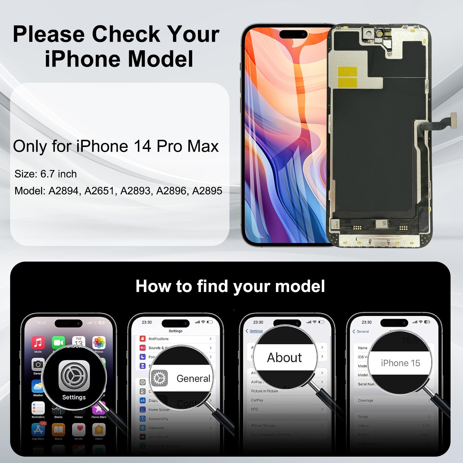 Condition photo showing As Is for for iphone 14 pro max screen replacement, lcd display frame assembly 3d touch screen for a2651, a2893, a2896, a2895, a2894 with waterproof seal + tempered glass + repair tools