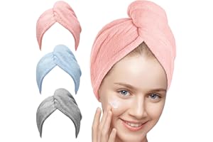 3 Pack for Women Microfiber Hair Towel, Stocking Stuffers for Women Absorbent Drying Hair Wrap Caps with Button for Hair Anti