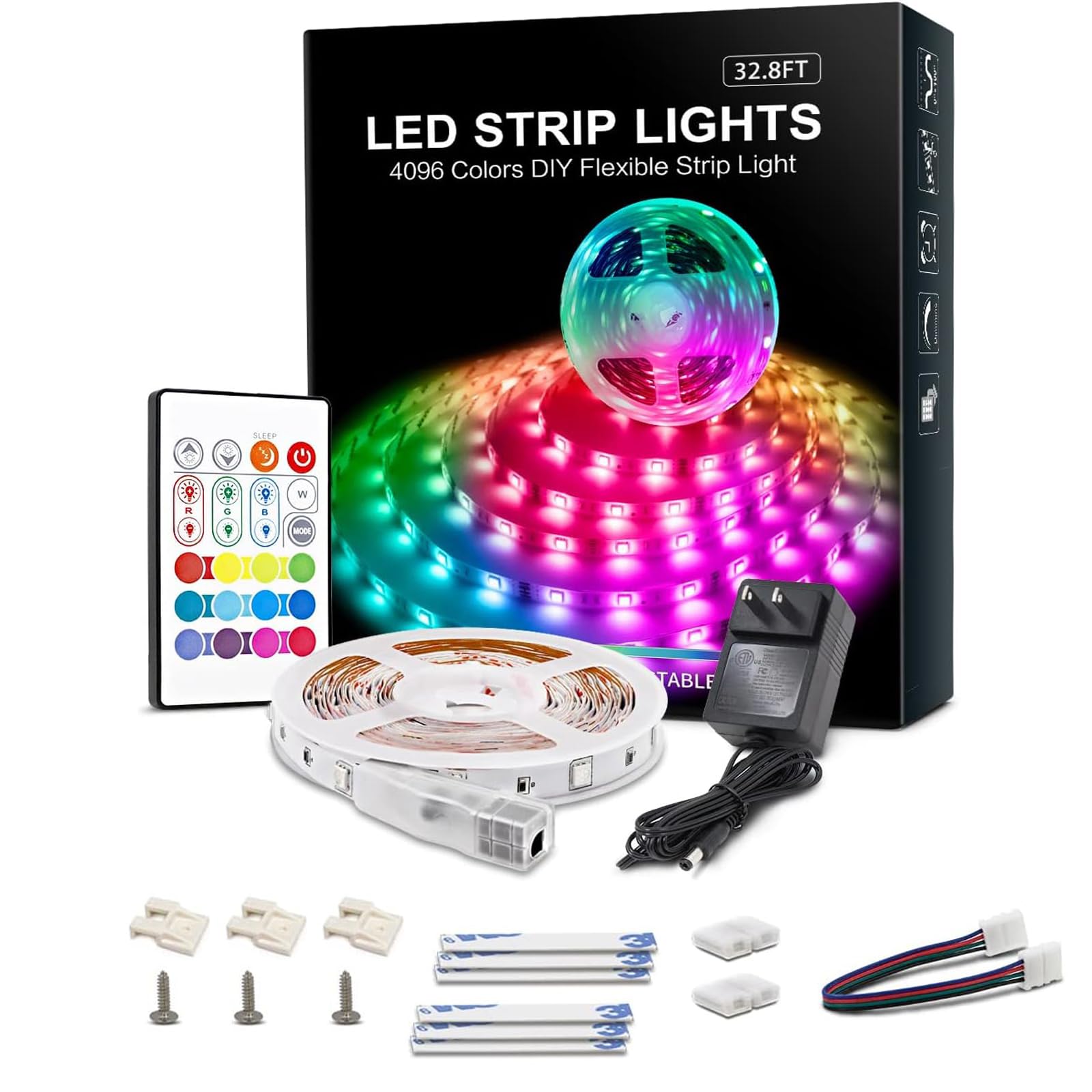 Photo 1 of ***MISSING PARTS***
RGB LED Strip Lights 32.8ft,4096 DIY Colors Rope Lights with Memory Function, Self-Adhesive Color Changing Light Strip with Remote, 30mins Timing Off LED Tape Light Kits for Home Decor