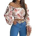 MIRACMODA Woman Off Shoulder Ruched Tie Back Crop Top Summer Lantern Sleeve Boho Shirt Blouse