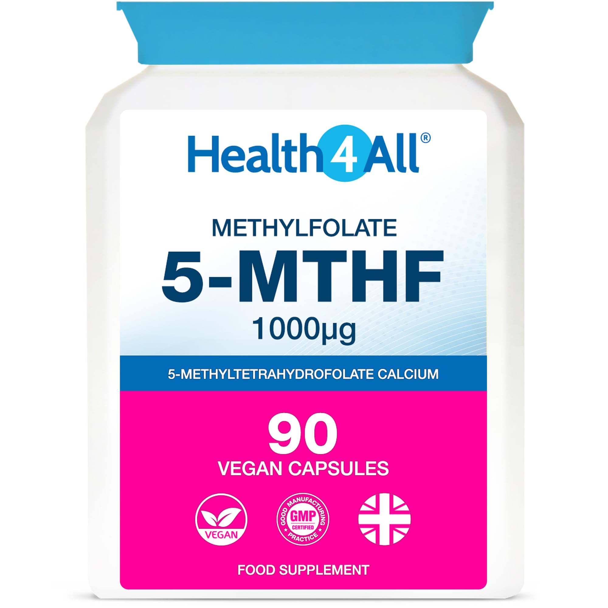 Health4All 5-MTHF Methylfolate 1000mcg 90 Capsules 3 Months Supply, Active Form of Folic Acid (Vitamin B9), Prenatal Folate with Magnesium for Optimal Absorption, Overcomes MTHFR | Made in UK