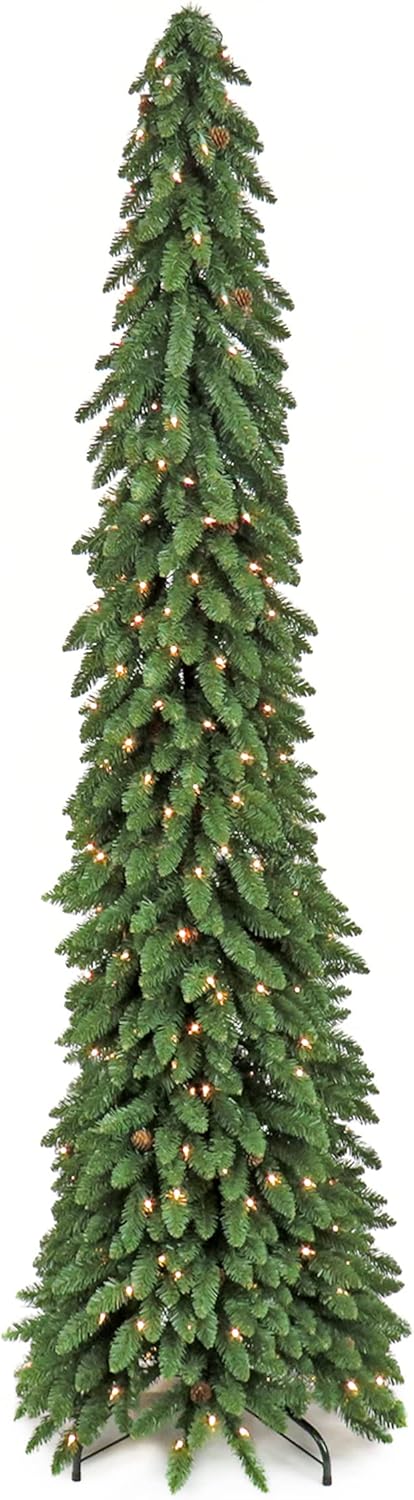 Trees - HGTV Home Collection Pre-Lit Alpine Valley Ultra Slim Pinecone Tree, Green, with Clear Incandescent Lights, Plug in, 7ft
