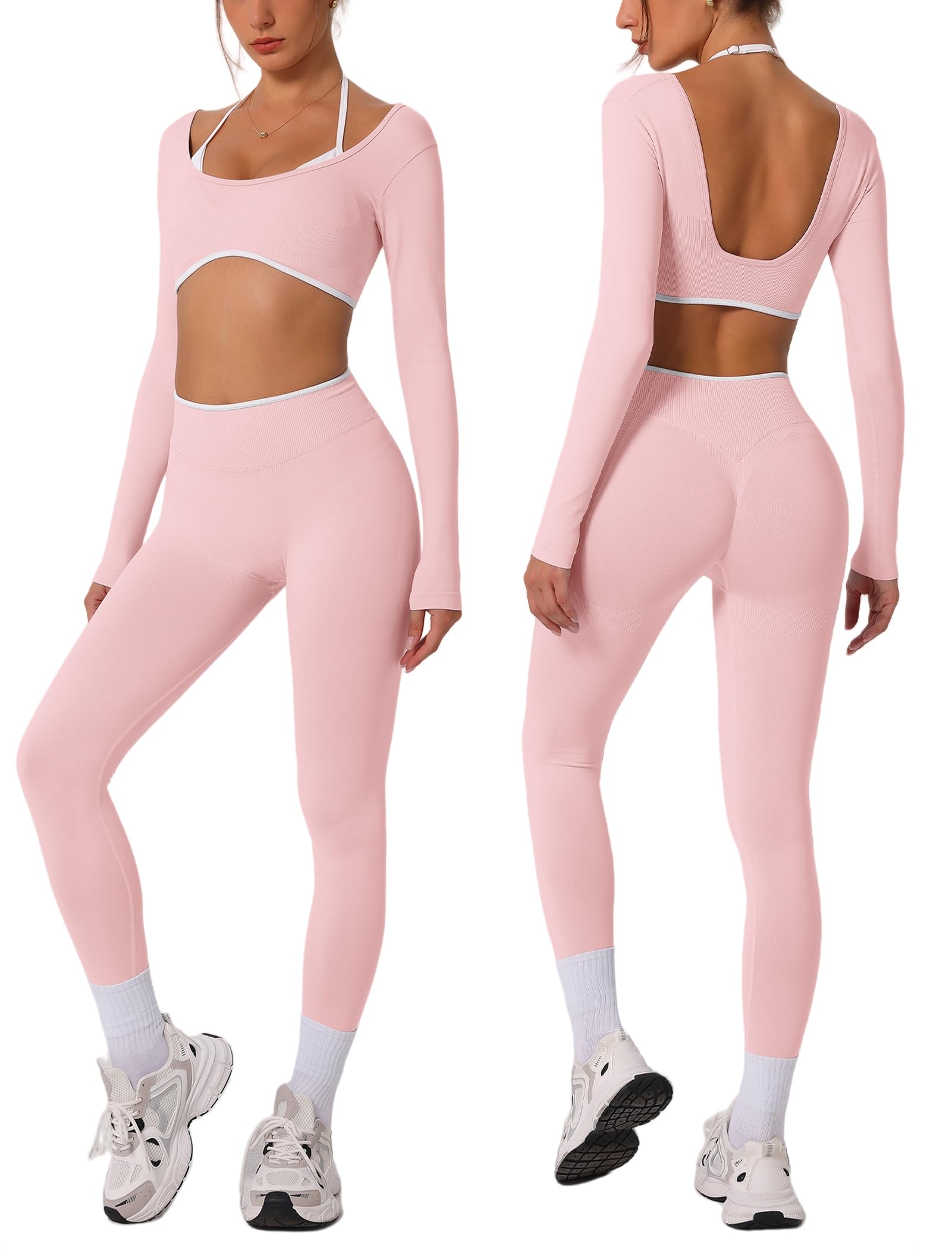 Photo 1 of ***HAS BEEN WRN DRT AT BTTM F PANTS**ABOCIW Womens Workout Sets Seamless Color Block Backless Long Sleeve Crop Top Scrunch Butt Lifting High Waist Leggings 2 Piece Gym Set Yoga Pilates Outfits Pink Small