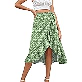 LYANER Women's Boho Floral Print Wrap Front Self Tie Knot Ruffle Hem Split Midi Skirt